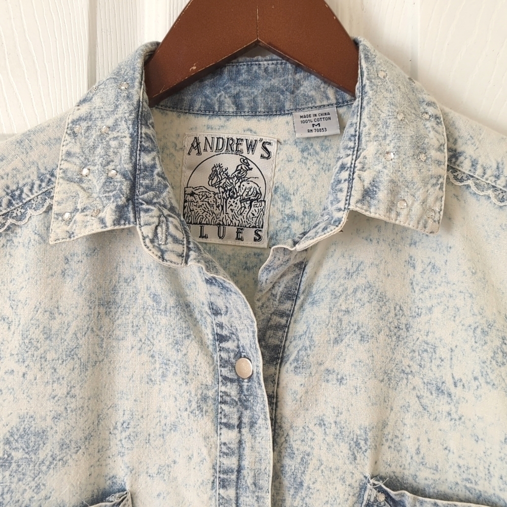 Andrew's Blues 90's Vintage Acid Wash Chambray Long Sleeve Button Down Shirt M - Picture 2 of 14